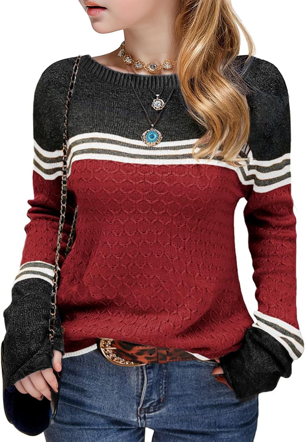 Girls Fall Sweaters Long Sleeve Round Neck Color Block Tops