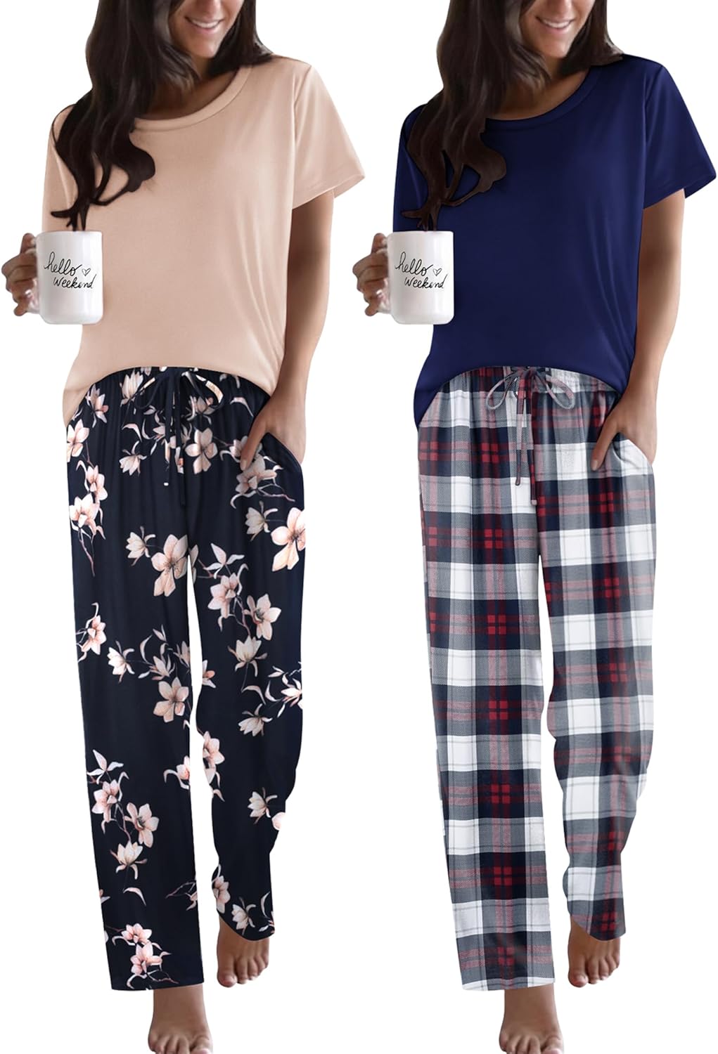 Ekouaer 2 Pack Pajamas for Women Soft Printed Sleepwear Set