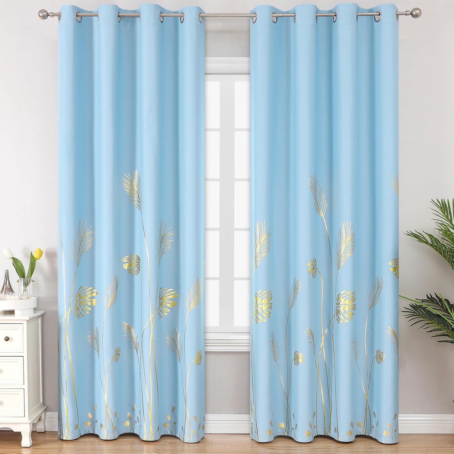 Sky Blue Blackout Curtains with Gold Palm Tree Design for Bedrooms