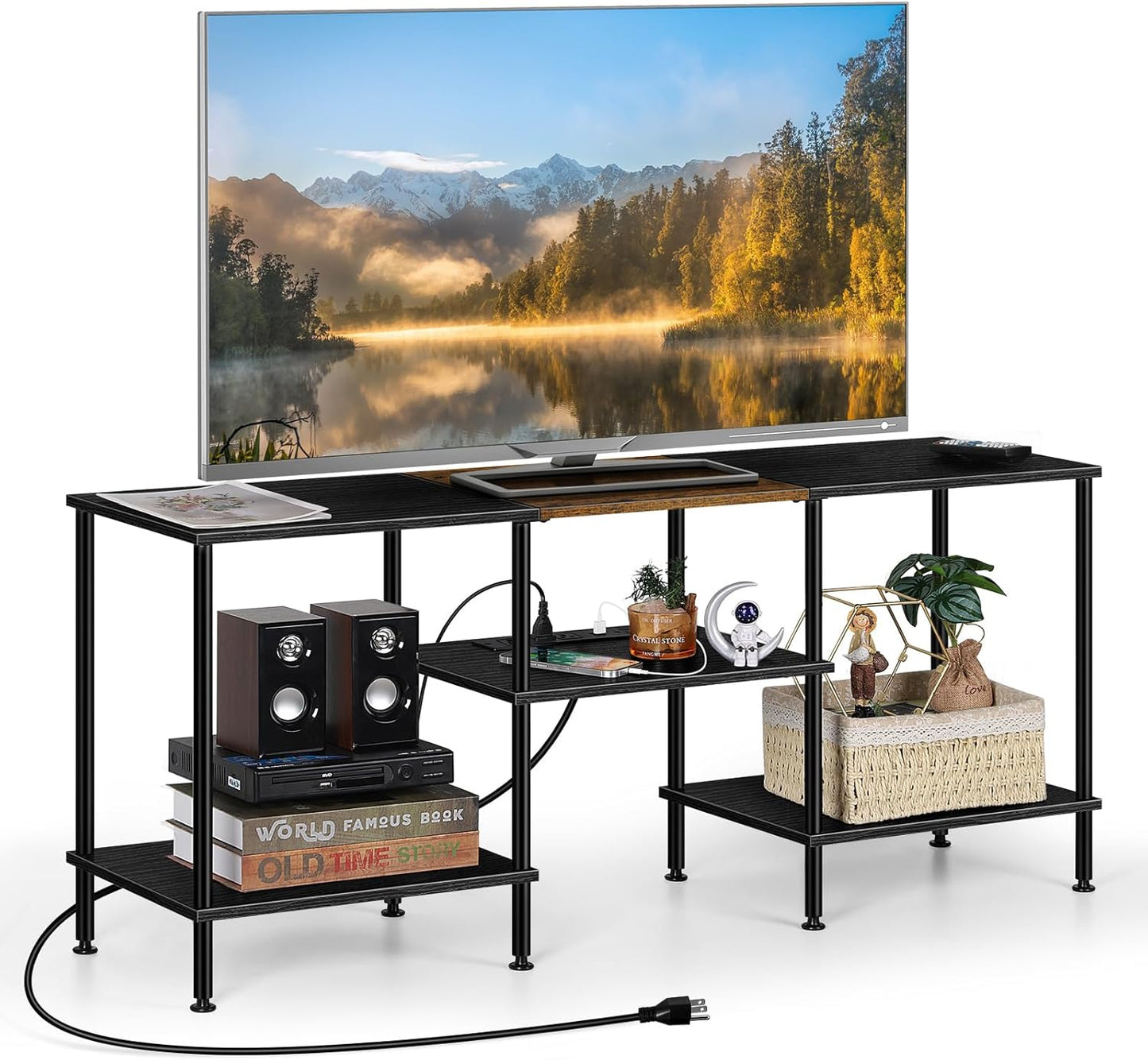 Black TV Stand w/ Storage & Power Outlets - Media Console for 50 TV