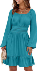 Long Lantern Sleeve Square Neck A-Line Dress - Flattering Fall Fit be