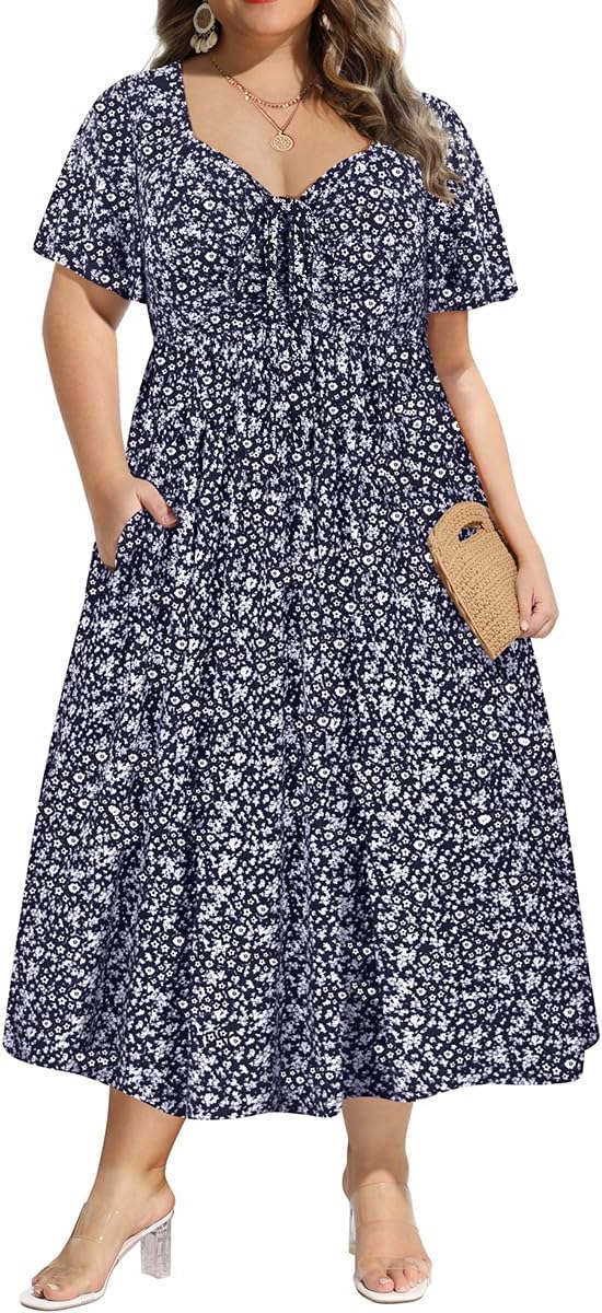 Plus Size Dresses for Curvy Women Tie Sweetheart Neck Maxi Dress