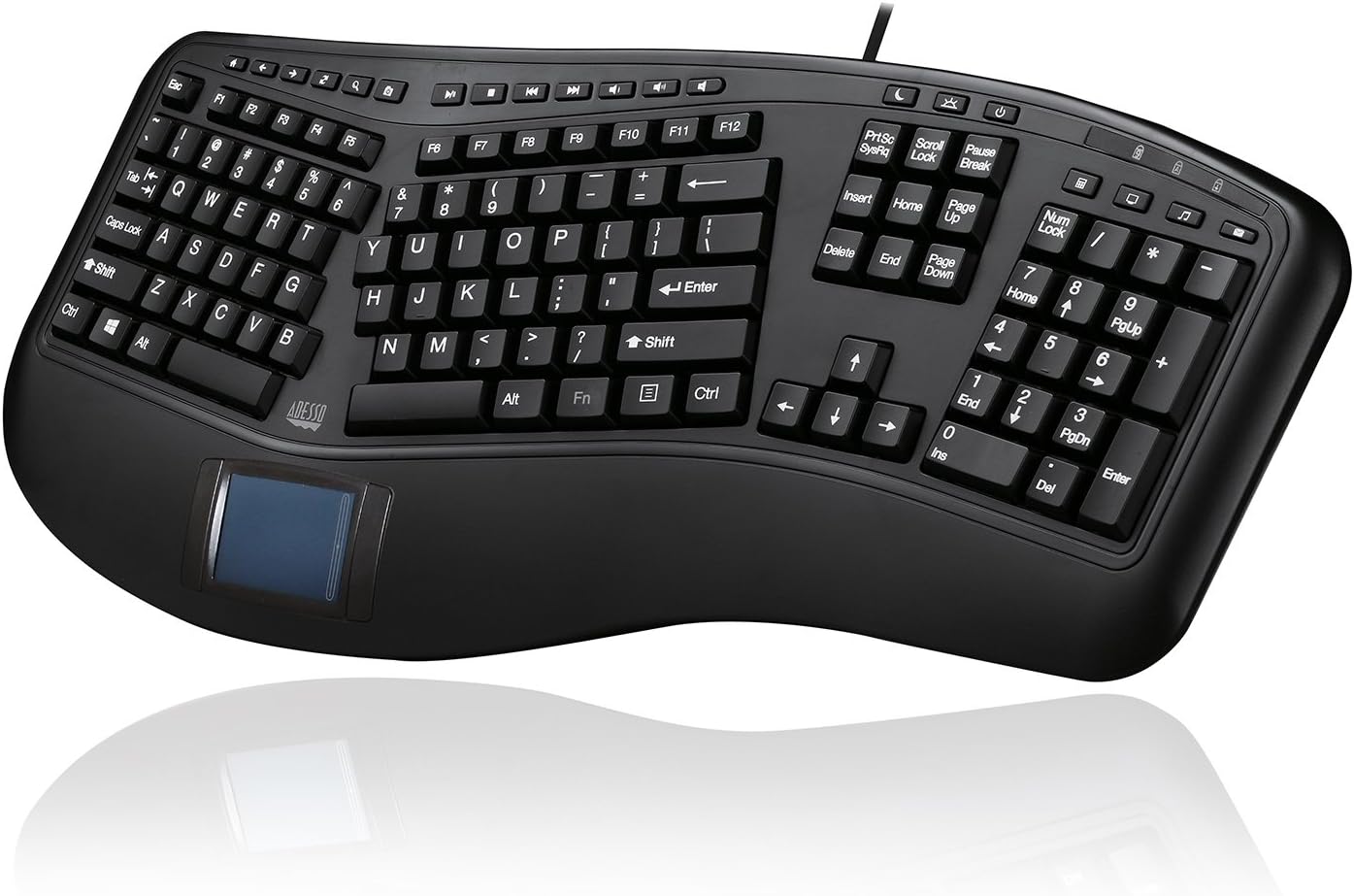 Adesso Ergonomic Keyboard - Built-in Touchpad, Split Design, Palm Rest for Comfort - PC Compatible