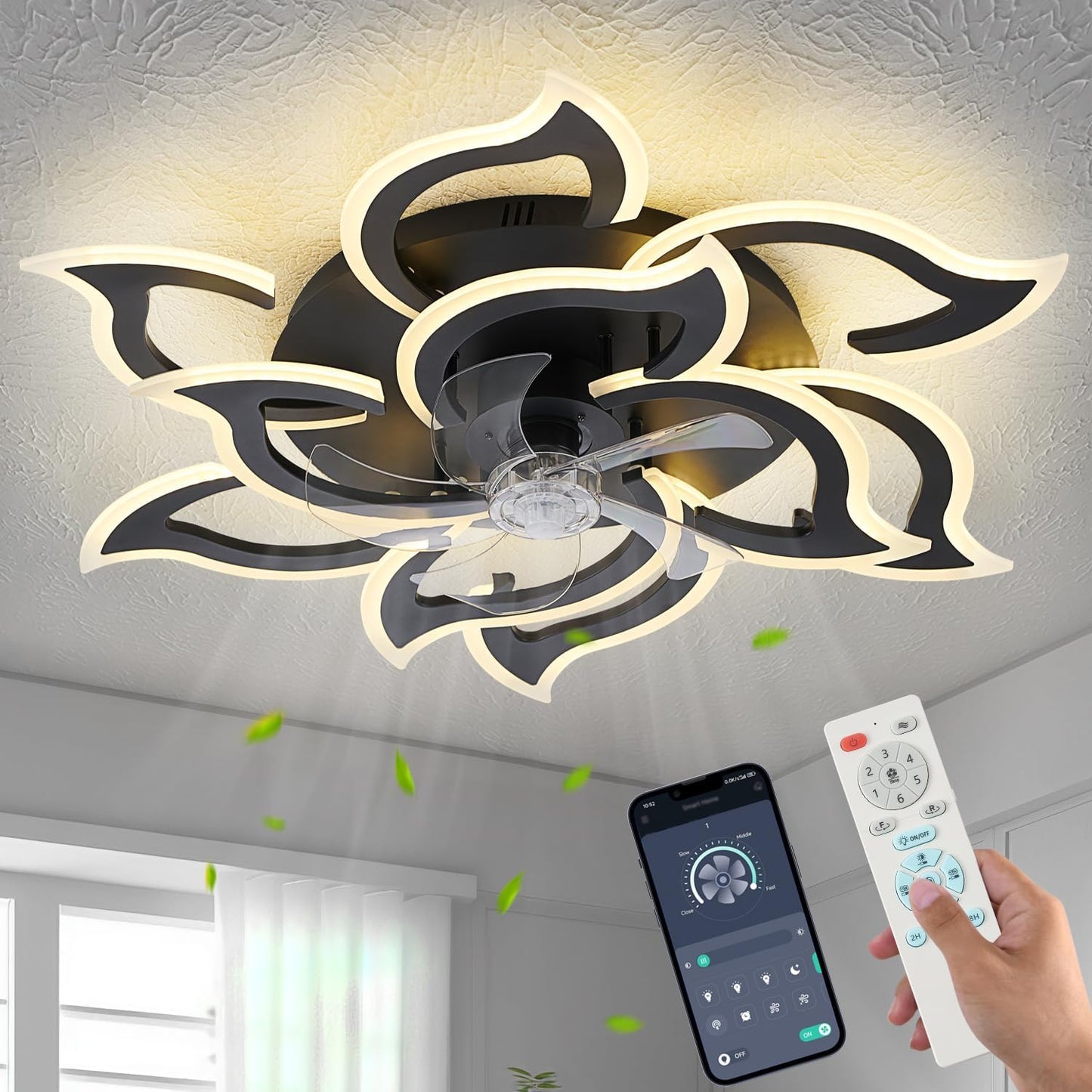 38 Inch Black Geometric Ceiling Fan with Lights for Living Room