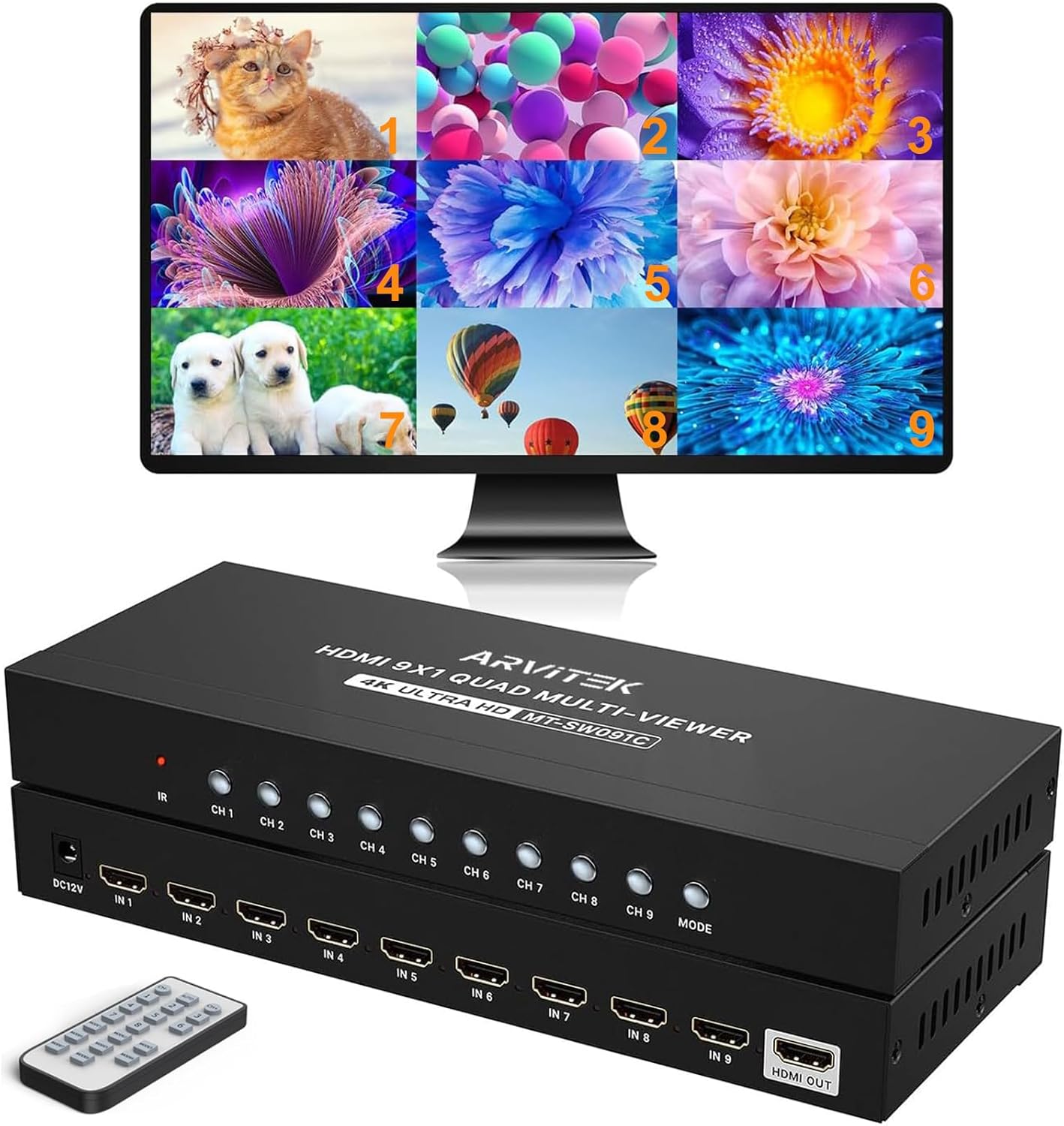 HDMI Multi-Viewer 9x1 for 4K Seamless Display with Remote