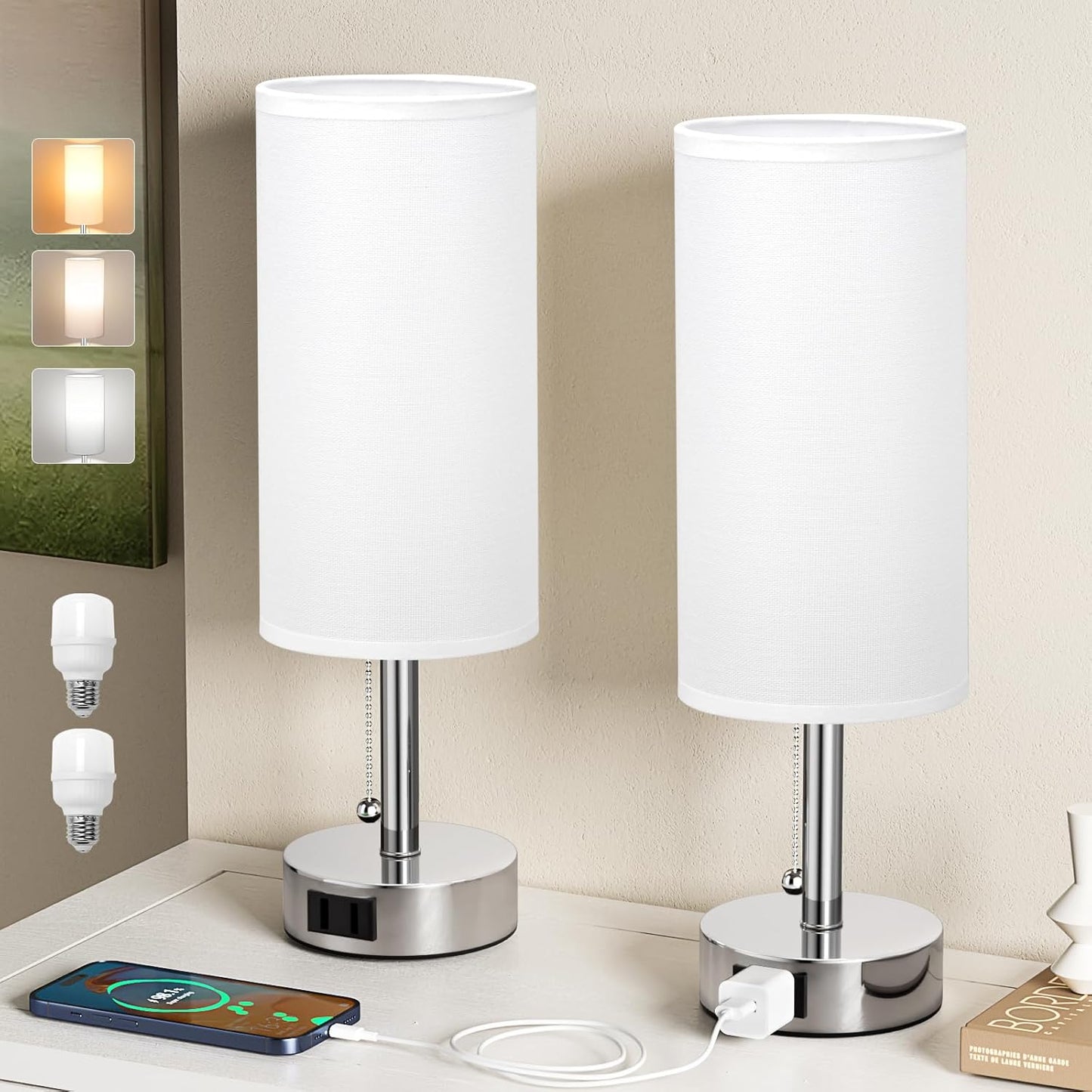 White Silver Bedside Table Lamps Set of 2 with AC Outlet