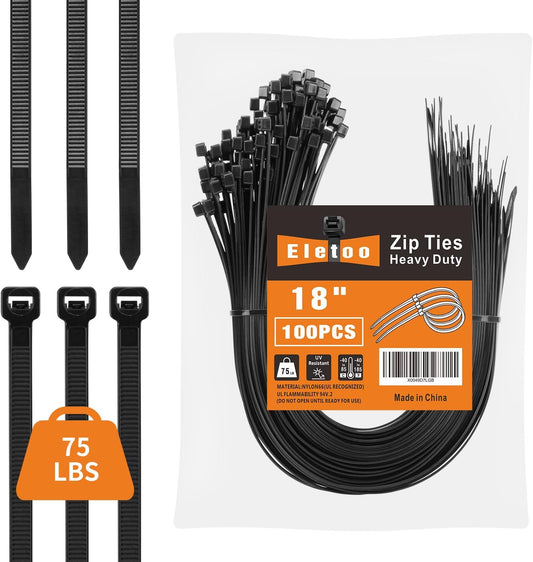 Eletoo 18 Black Zip Ties: 75LBS Tensile Strength, Self-Locking, UV Resistant