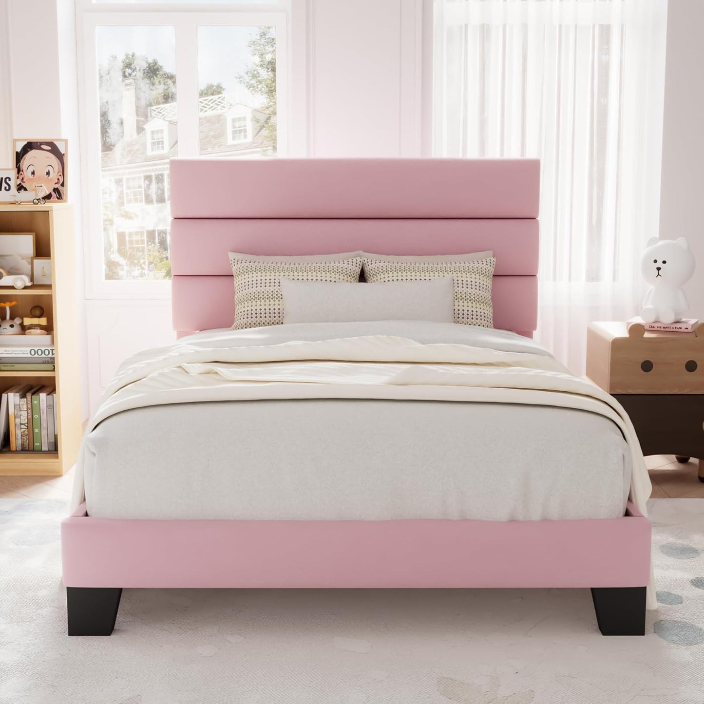 Allewie Twin Size Platform Bed Frame with Velvet Headboard