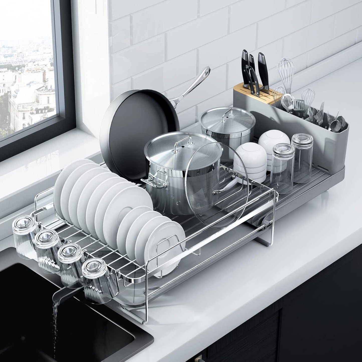 Kitsure Large Dish Drying Rack - Extendable Kitchen Rack for Dishes