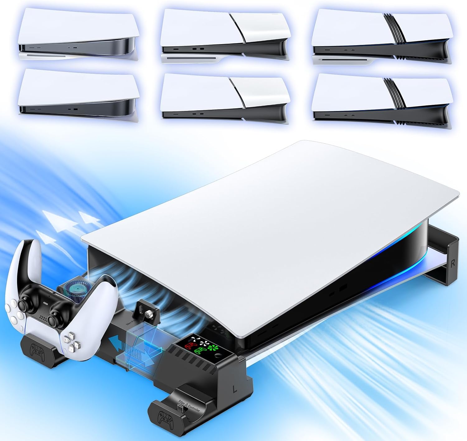 PS5 Horizontal Stand with Cooling Fan & Charger for Controllers