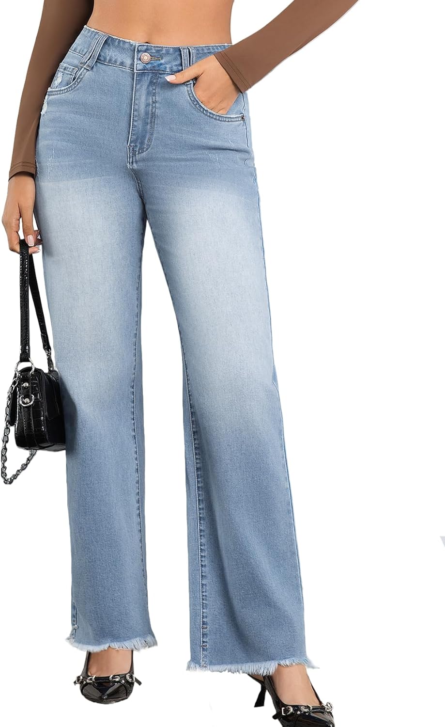 Wide Leg Jeans for Women with Mid High Waist and Raw Hem Style