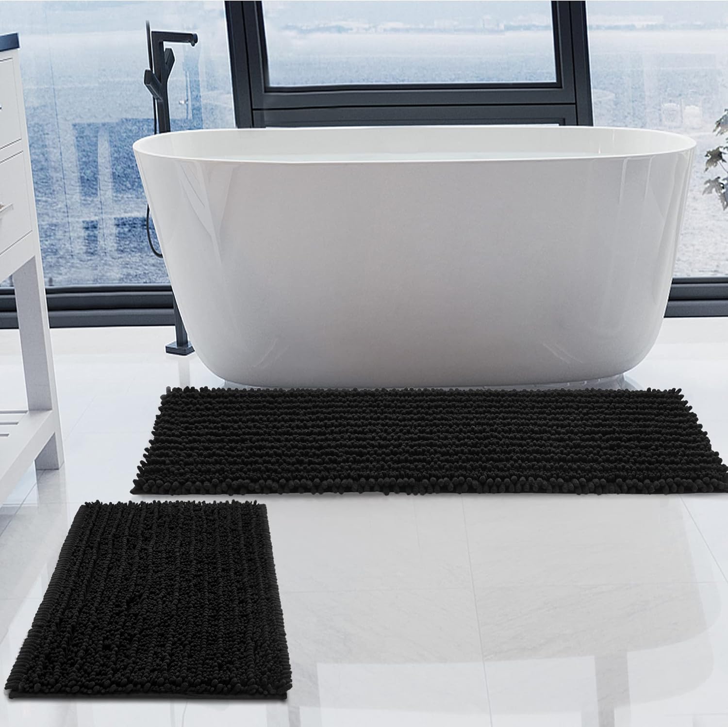 Luxury Chenille Black Bathroom Rugs Sets by H.VERONNEX