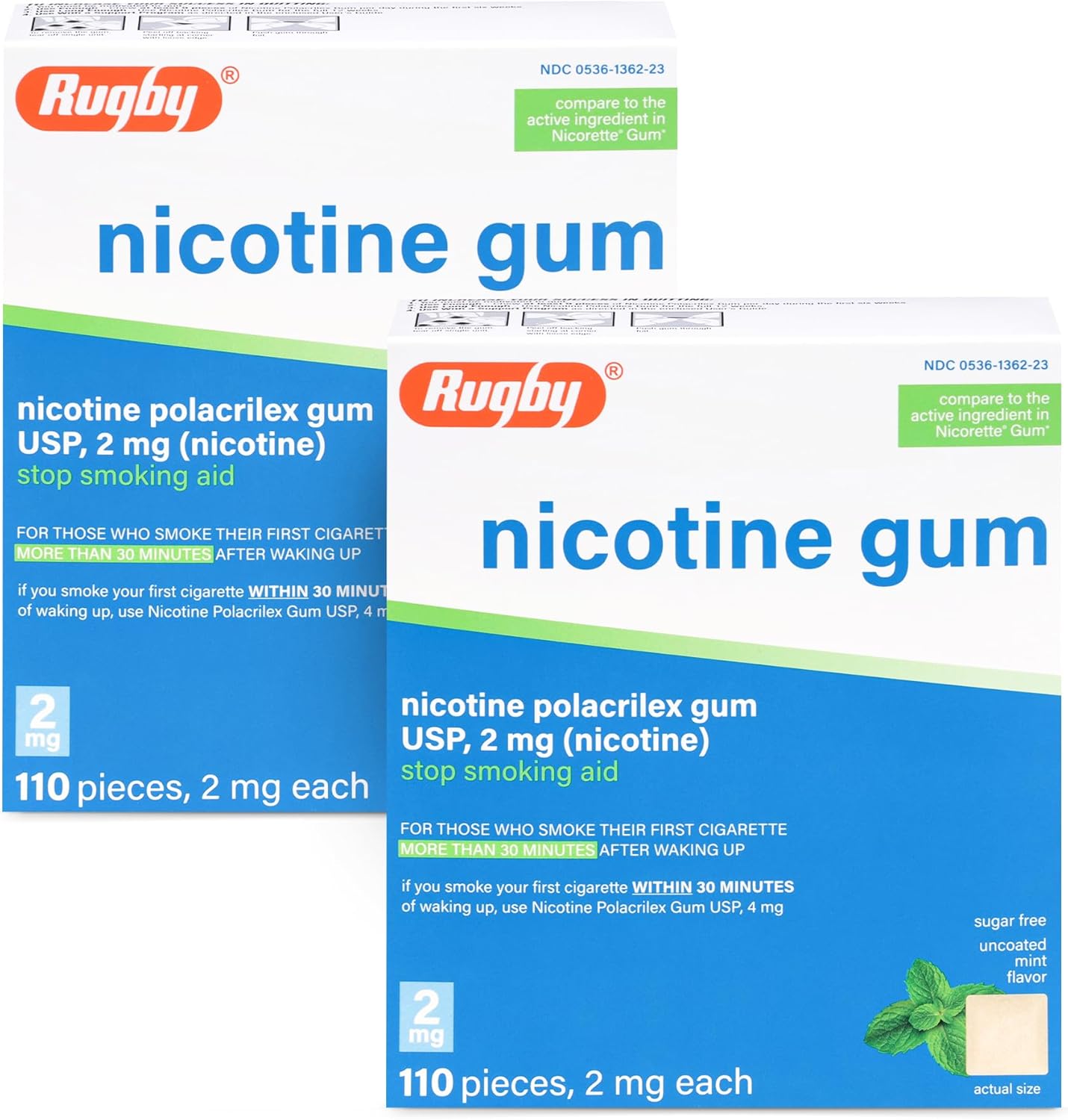 Rugby Nicotine Gum 2mg Mint Flavor - Quit Smoking Aid 110 Count