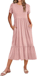 Women Summer Midi A Line Dress Short Sleeve - Tiered Flowy Sundress