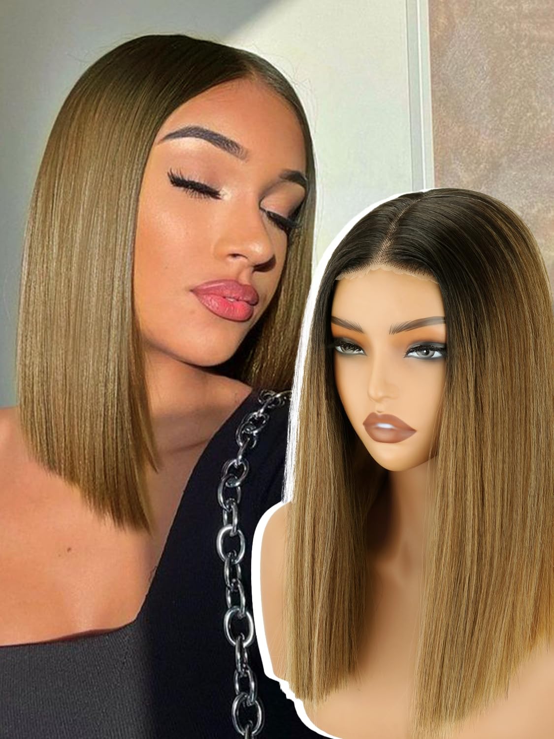 Glueless Bob Wig for Black Women with Brown Highlights 14 Inch