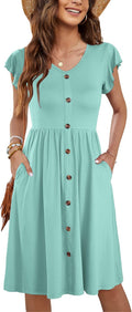 Women Summer Midi Dress Sleeveless V Neck with Pockets - Lightweight