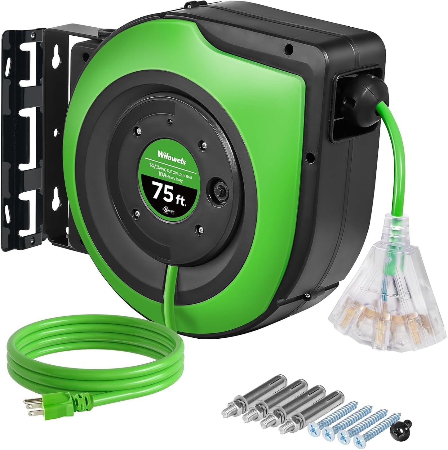 Retractable Cord Reel 75 FT Heavy Duty Extension Cord with Outlets