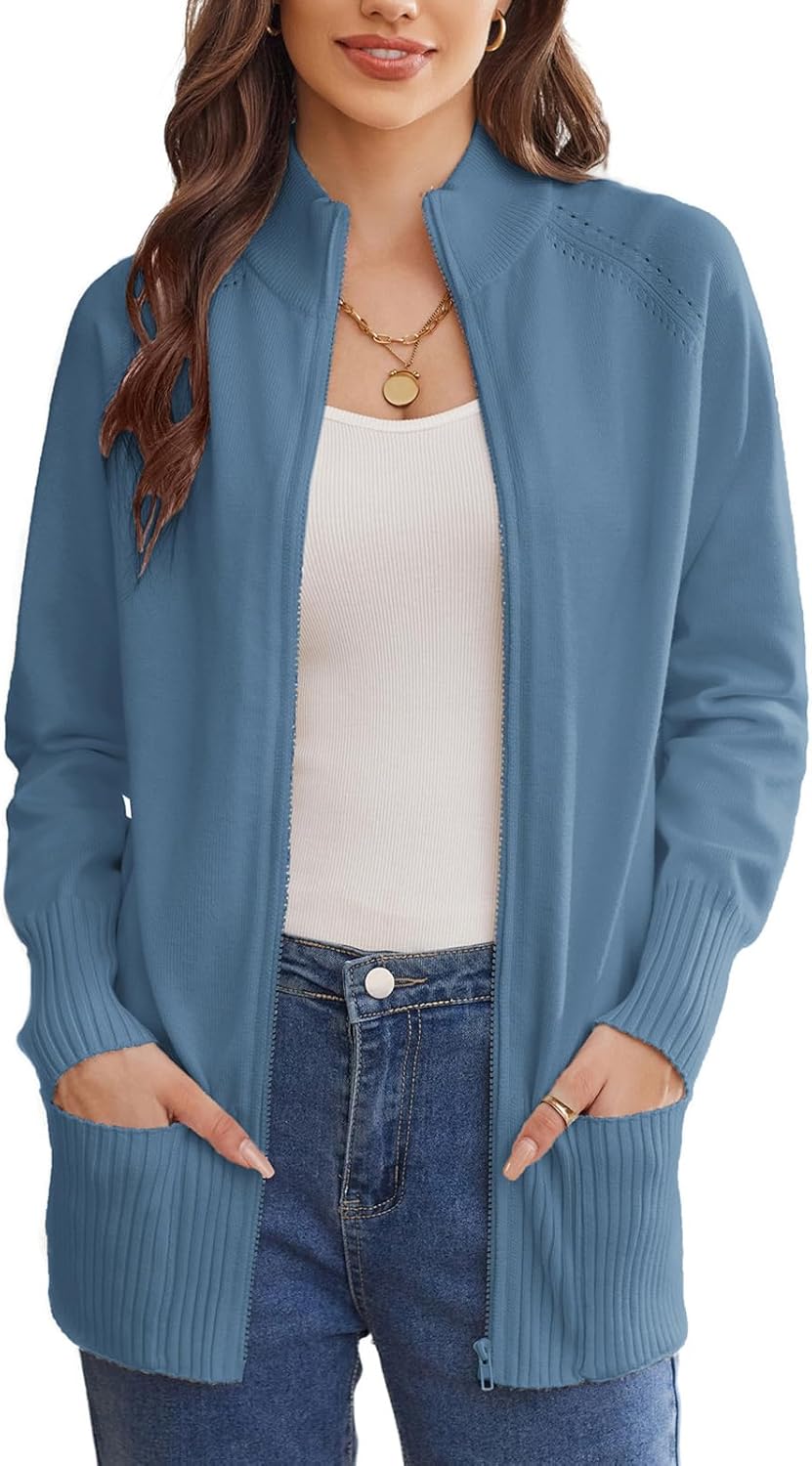 Womens Long Sleeve Zip Up Knit Cardigan with Pockets for Fall