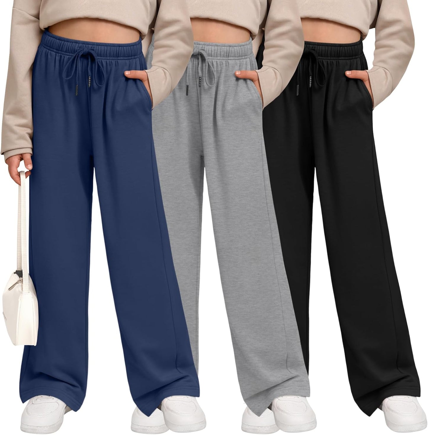 3 Pack Girls' Sweatpants Wide Leg Casual Joggers with Pockets