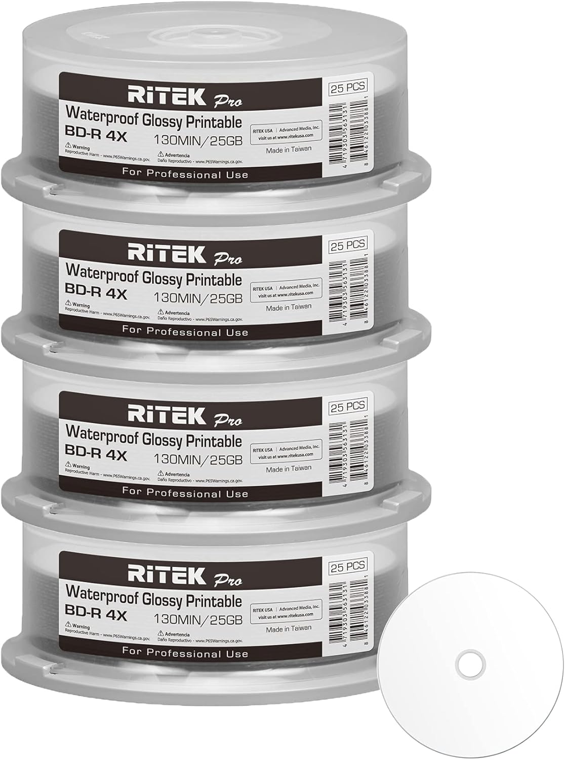 Ritek Pro 100 Pack BD-R Blu-ray 4X 25GB Water Resistant Discs