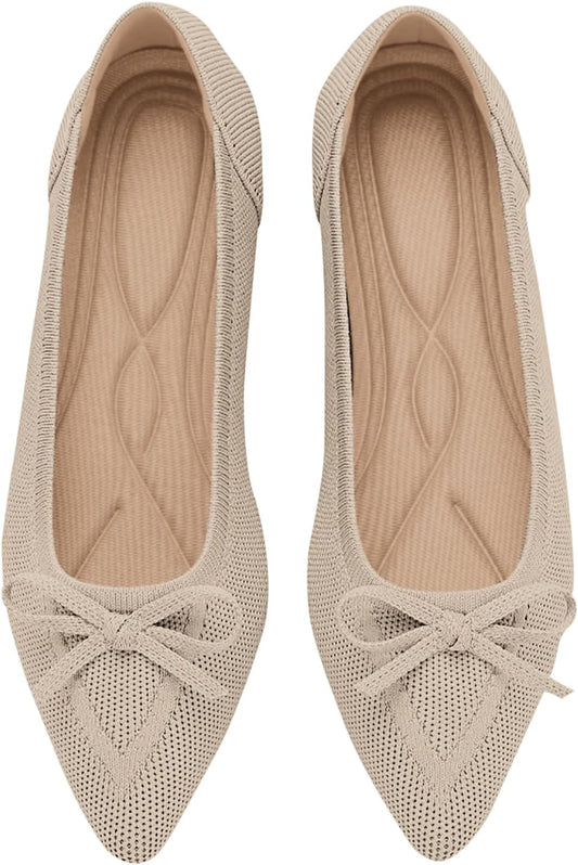 Women's Flats Pointed Toe Bow Knit Ballet Shoes for Comfort