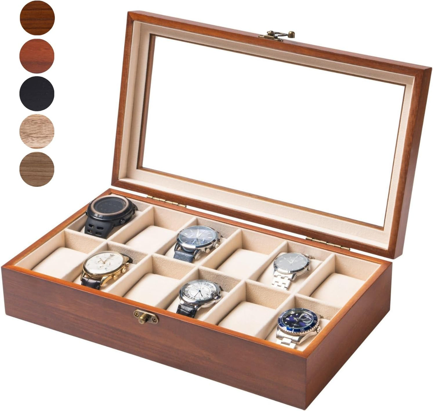 Watch Box Organizer with Large Glass Lid for 12 Watches
