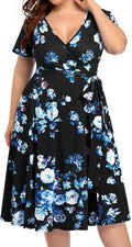 Women Plus Size Navy Floral Wrap Midi Dress - Semi Formal