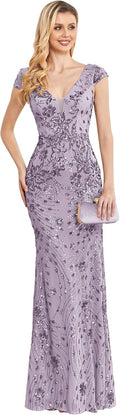 Womens Sequined Long Evening Gown Glamous Sleeveless V-Neck Mermaid