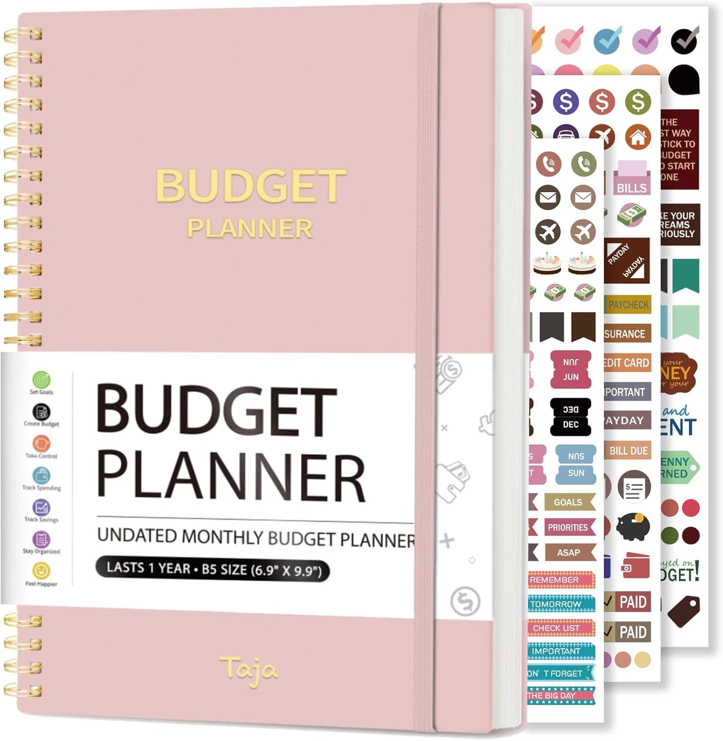 Doura Pink Budget Planner - 14 Months Undated - Expense Tracker, Stickers