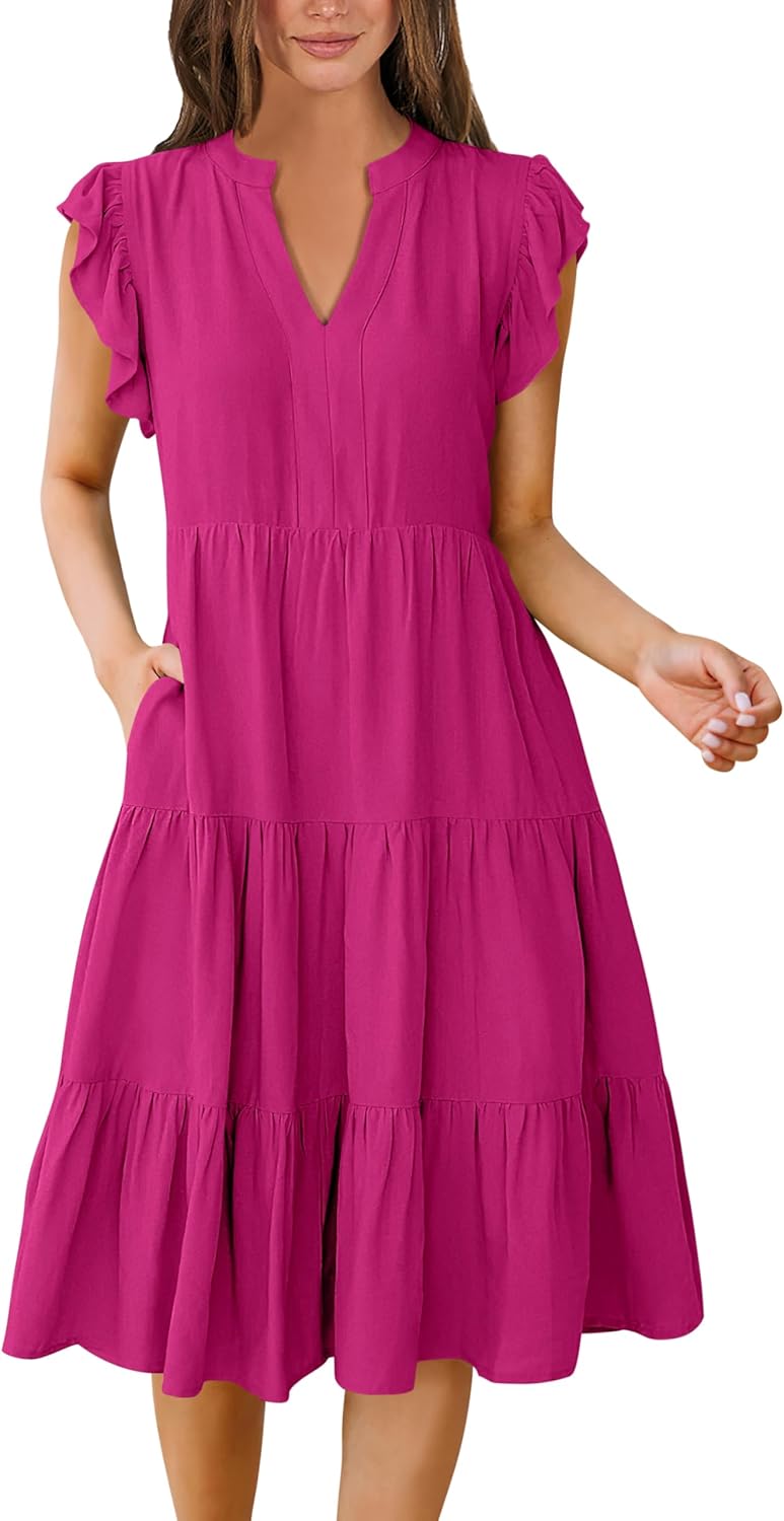 Womens Summer Dress Ruffle Sleeve V Neck Midi Dresses Fashion