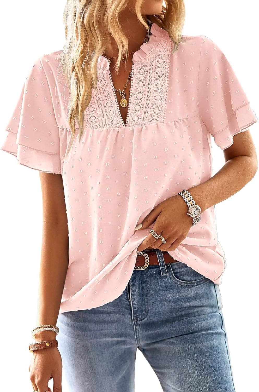Womens Tops Butterfly Sleeve V Neck Blouses for Dressy Casual Wear