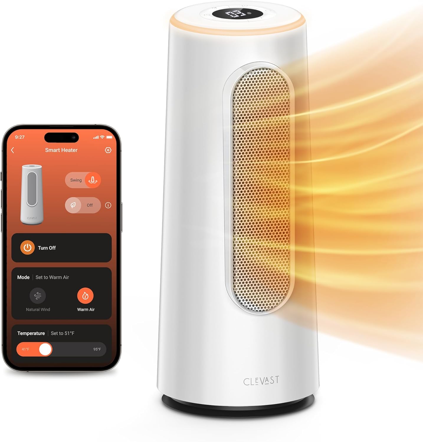 Clevast 1500W Smart Heater - Fast Heating & RGB Night Light