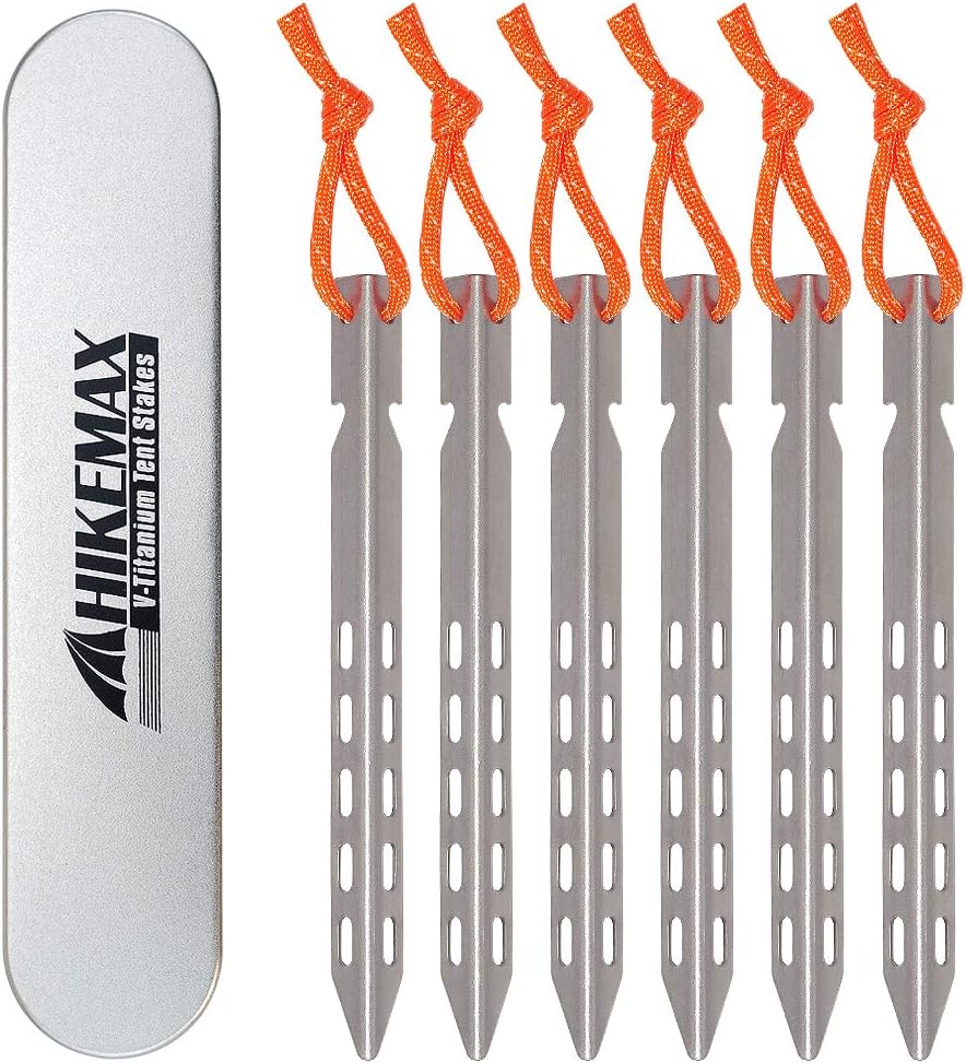 Hikemax Titanium Tent Stakes - Ultralight V-Shaped 6 Pack for Camping