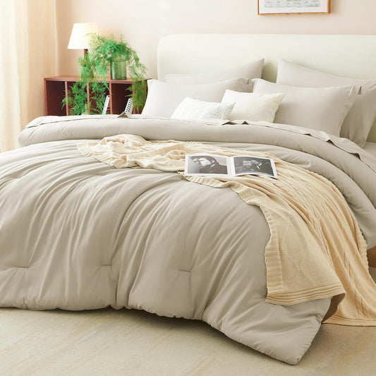 CozyLux Full Comforter Set Oatmeal, 7 Pieces Bed in a Bag