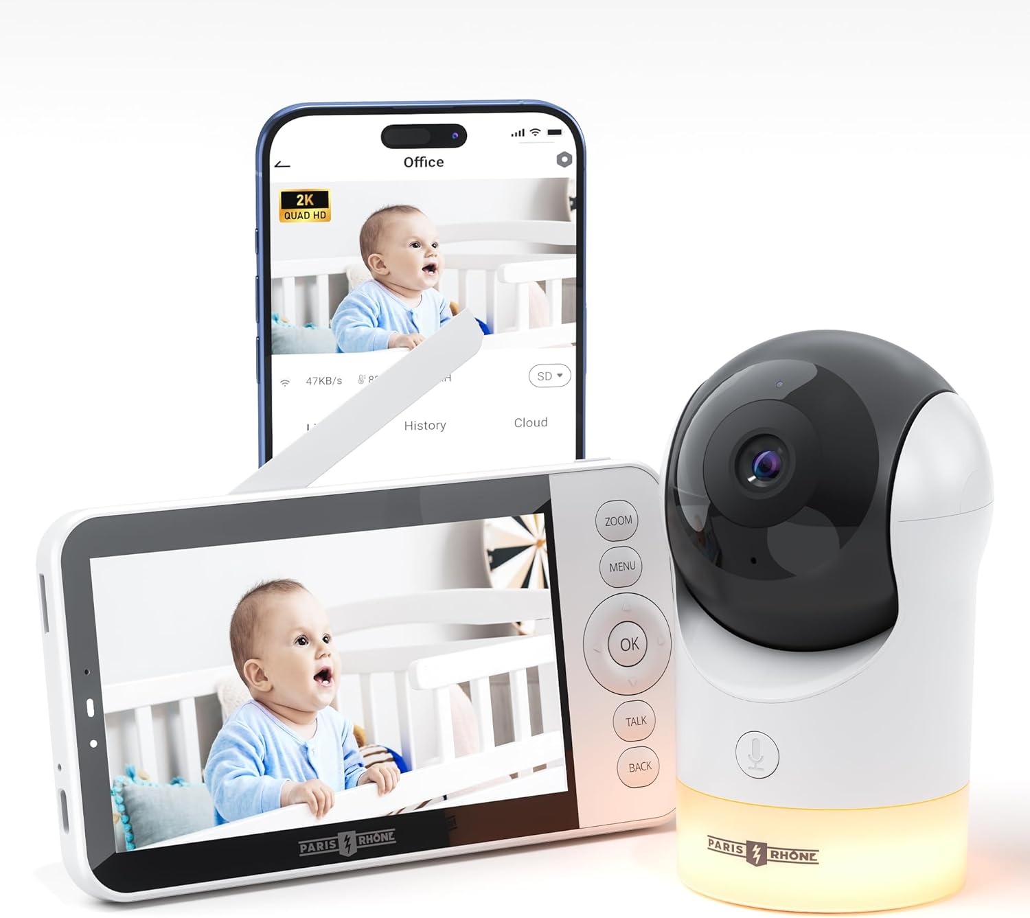 PARIS RHNE 2K WiFi Baby Monitor: AI Tracking, Night Vision, Smart Alerts