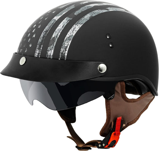VCAN Cruiser Half Face Motorcycle Helmet with Sun Visor and Peak