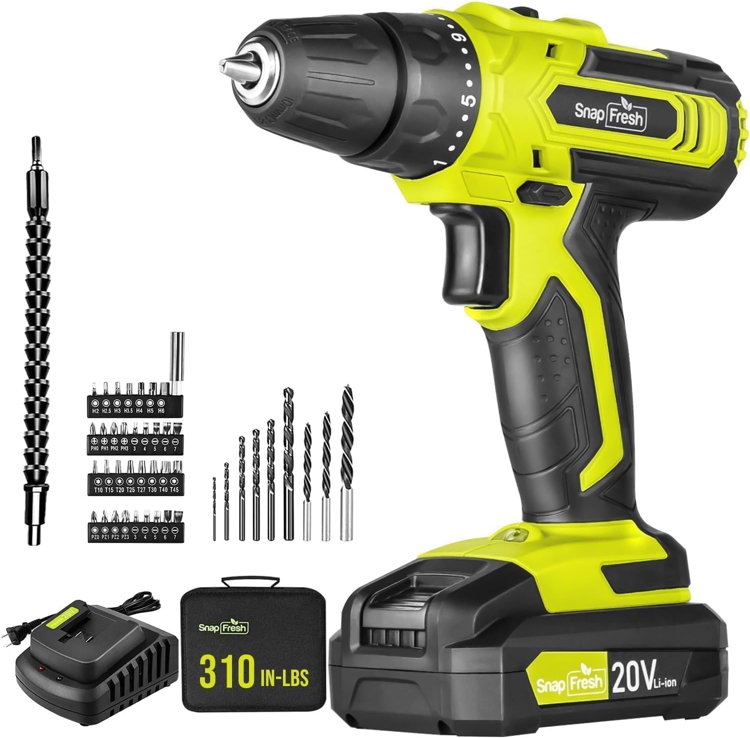 SnapFresh 20V Cordless Drill Set with 43pcs Drill Bits Included