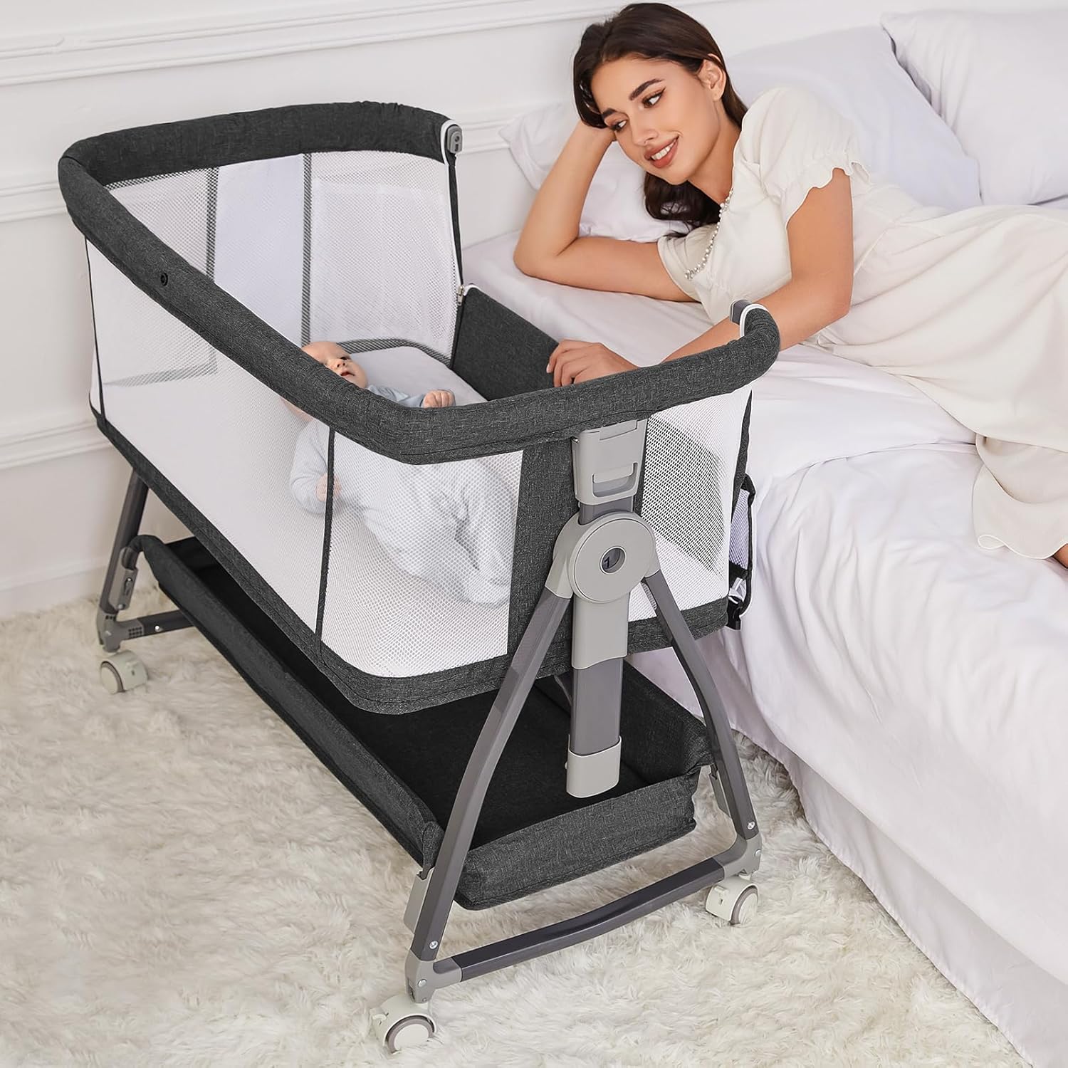 Adjustable Newborn Bassinet with Wheels and Storage Basket