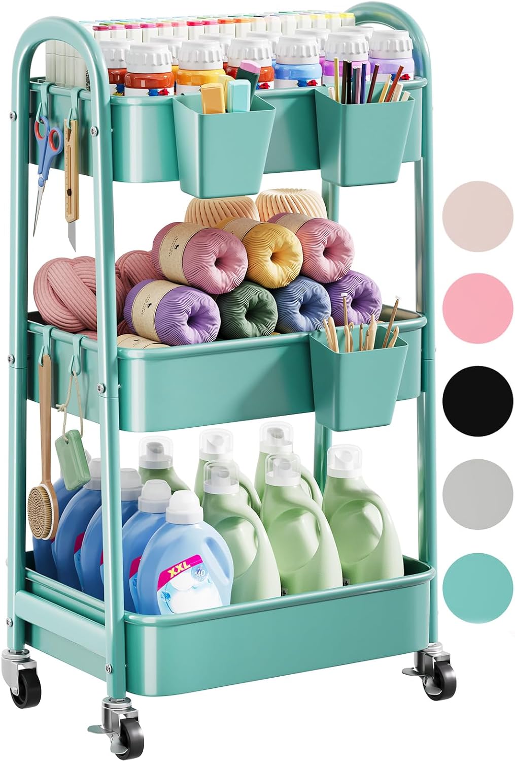 Green 3 Tier Rolling Cart Metal with Lockable Wheels for Storage
