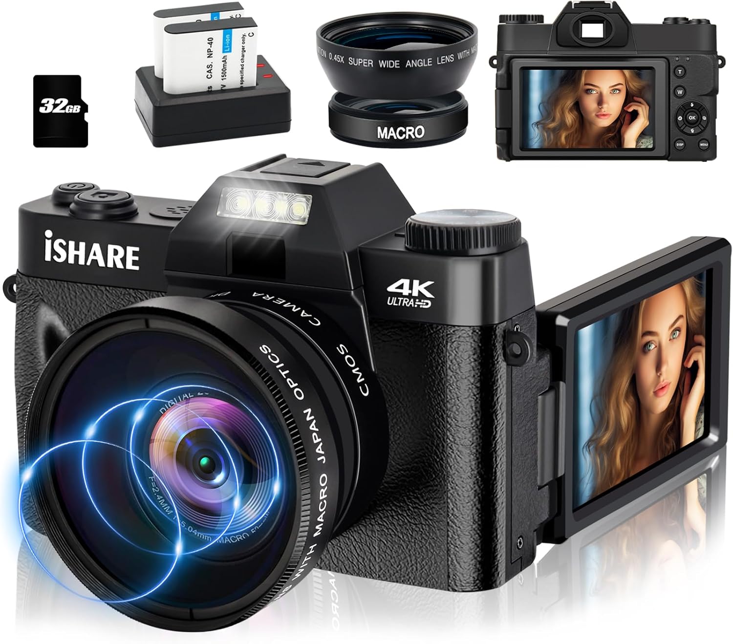 4K Vlogging Camera with 56MP, WiFi & Flip Screen