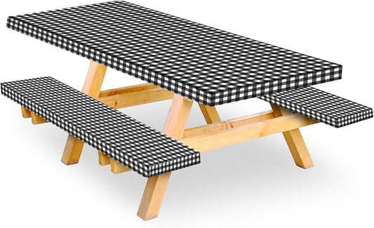 3 Piece Fitted Picnic Table Cover Set - Elastic Band, Flannel Backing - Outdoor Essential