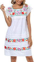 Women Embroidered Mexican Peasant Lace Short Sleeves Dress