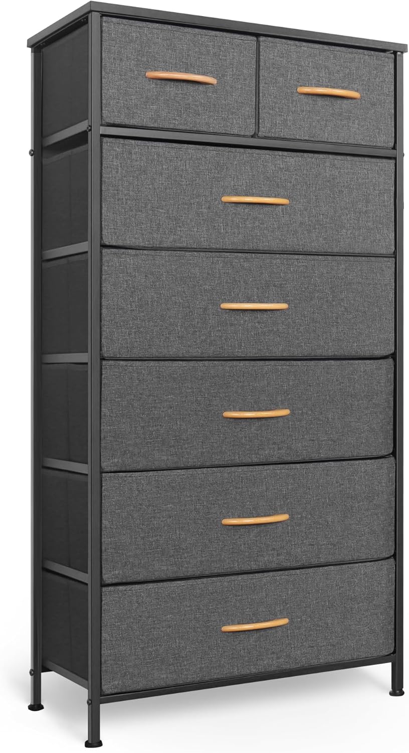 Tall Dresser for Bedroom with 7 Drawers and Fabric Bins