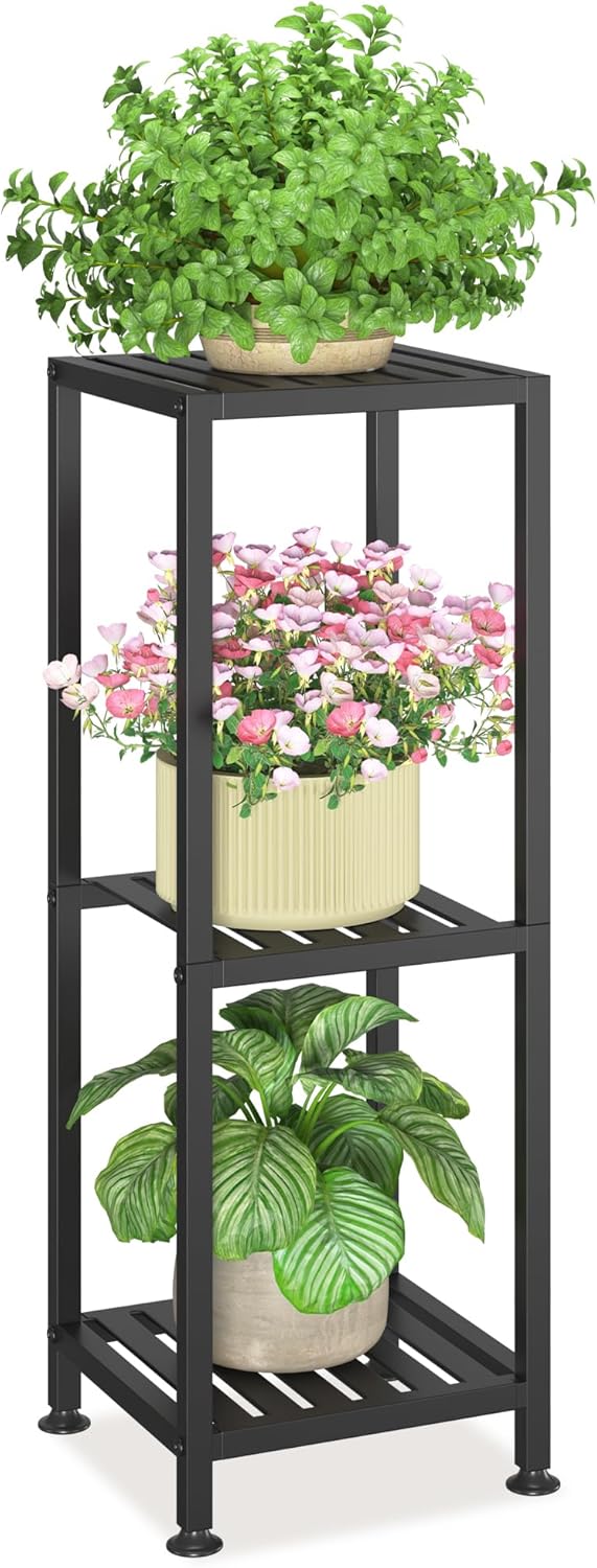 LASZOLA 3 Tier Black Metal Plant Stand for Indoor Outdoor Use