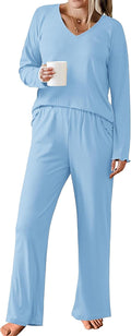 Ekouaer Womens Ribbed Knit Pajamas Set V Neck Long Sleeve - Soft Fit