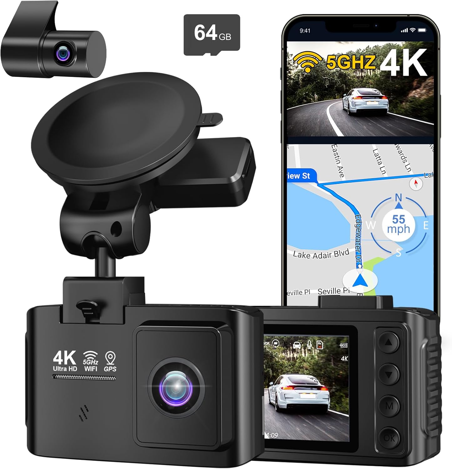 4K Dual Channel Dash Cam with WiFi, GPS, and Night Vision