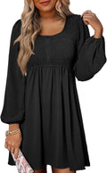 Dokotoo Womens 2025 Casual Smocked Crewneck Button Up A-Line Mini