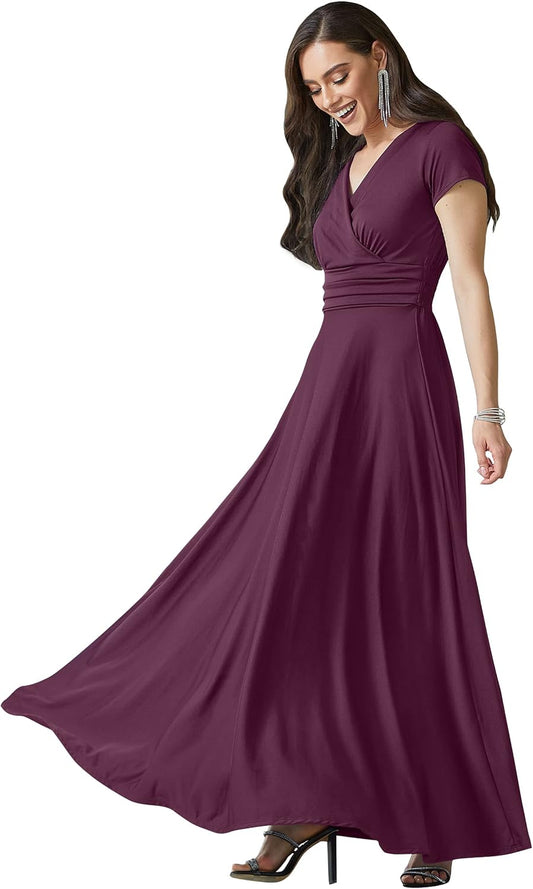 KOH KOH Womens Sexy Cap Short Sleeve V-Neck Flowy Gown