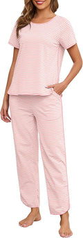 Womens Cotton Stripe 2-Piece Pajama Set - Soft Short Sleeve Lounge