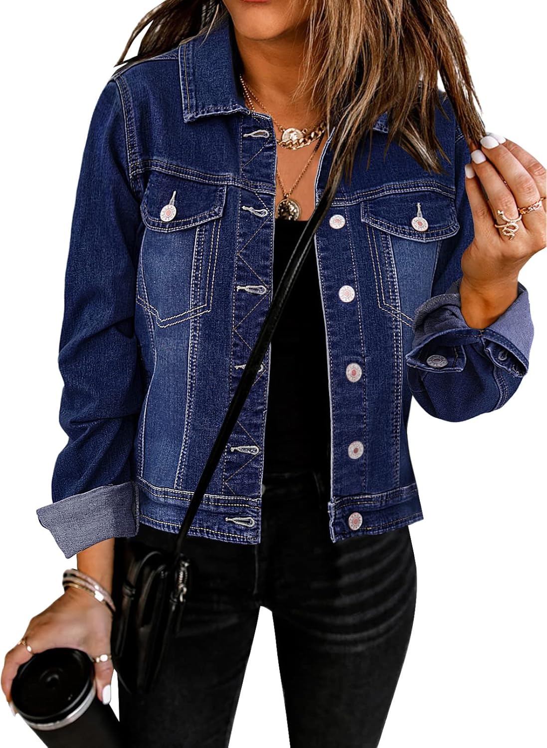 GRAPENT Women's Basic Button Down Long Sleeve Denim Jacket